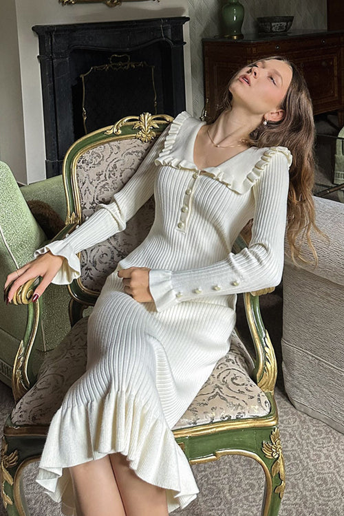 Peter Pan Collar Ribbed Knit Pearl Button Ruffle Cuff Midi Dress