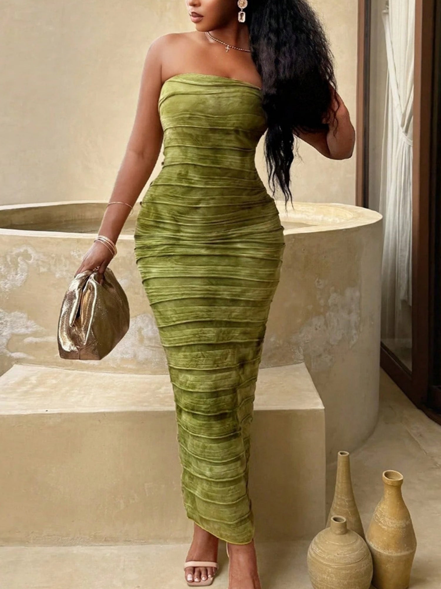 Tie-dye Splicing Strapless Backless Maxi Dresses