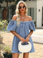 Denim Lace Up Square Neckline And Puff Sleeves Mini&Short Dresses