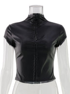 PU Leather Buttons Tight Turtleneck Short-sleeved Top