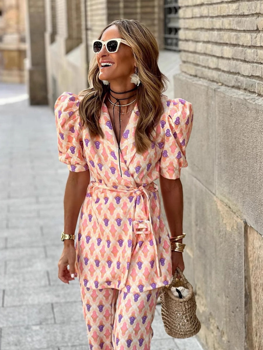 Geometric Pattern Printing Shirt Tie Wide-leg Pants Set 2-piece Sets