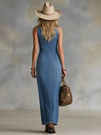 Button-front Sleeveless Denim Maxi Dress