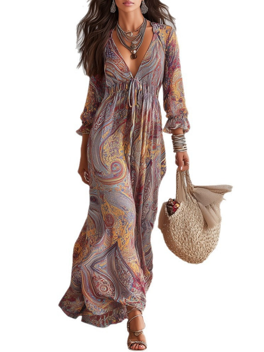 Hippie Style Paisley Print V-neck Vacation Maxi Dresses