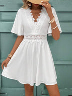 Lace Trim Hollow Out V-neck Short Sleeve Mini&Short Dresses