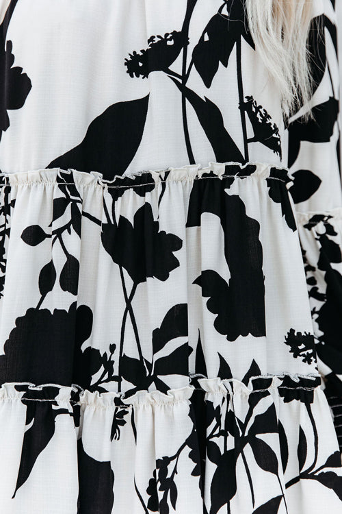 Smocked Mock Neck Balloon Sleeve Tiered Floral Print Mini Dress