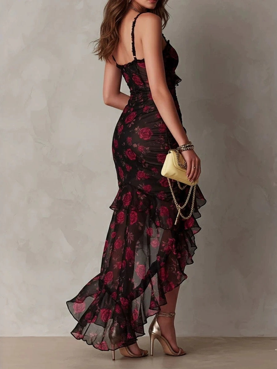 Black Floral Print Irregular Ruffled Spaghetti Strap Maxi Dress