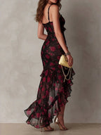 Black Floral Print Irregular Ruffled Spaghetti Strap Maxi Dress