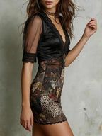 Mesh Splicing V-neck Printed Hip-hugging Commuting Mini&Short Dresses