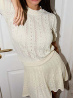 Jacquard Knitting Hollow Short-sleeved Top Skirts Set 2-piece Sets