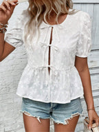 Lace Flowers Bow Tie Hollow Out Round Neck Puff Sleeves T-shirts