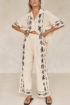 Cotton Linen Short Sleeves Button Down Shirt Elastic Waist Wide Leg Pants Printed Set