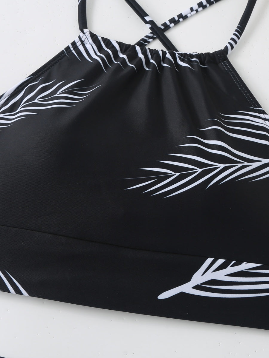 Feather Print Two-Piece Swimsuit With Sun Protection And Skirt (Three-Piece Set)