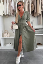Denim Deep V-Neck Puff Sleeve Button Front Split Midi Dress