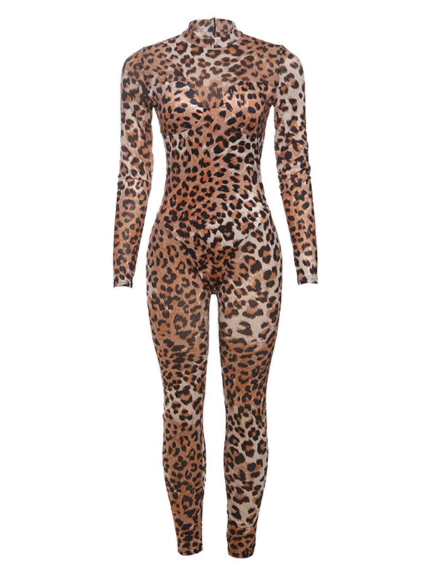 Leopard Print Mesh High-waisted, Slim-fitting, Hip-hugging Jumpsuits&Bodysuits
