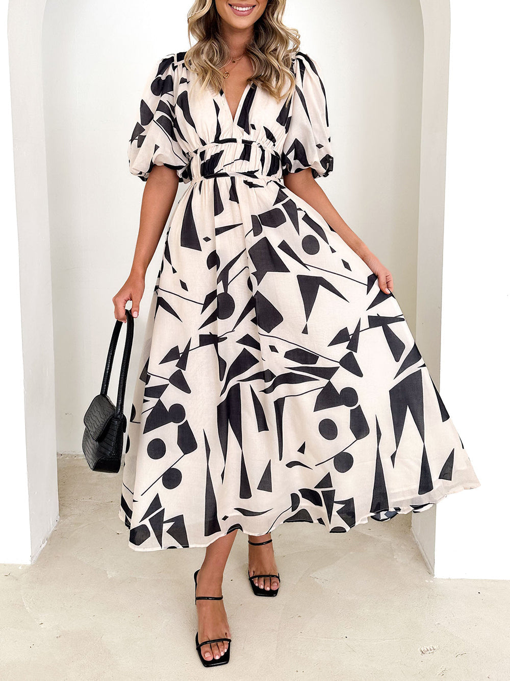 Deep V Neck Puff Sleeve Abstract Geo Print Wrap Midi Dress