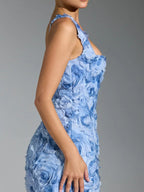 Square Collar 3D Flowers Slim Fit Sleeveless Tie Mini&Short Dresses