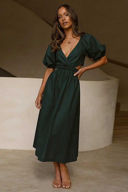 Deep V-Neck Puff Sleeve Side Waist Cutout A-Line Midi Dress