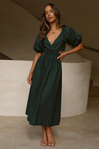 Deep V-Neck Puff Sleeve Side Waist Cutout A-Line Midi Dress