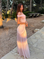 Mesh Splicing Off-shoulder Pleated Backless Maxi Dresses