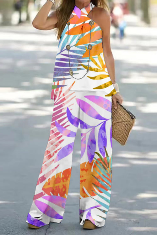 Criss Cross Halter Sleeveless Top Wide Leg Pants Printed Vacation Set