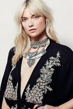 Embroidered Deep V-Neck Bell Sleeve Drawstring Waist Mini Dress