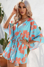 Deep V Neck Button Front Kimono Sleeve Drawstring Botanical Print Mini Dress