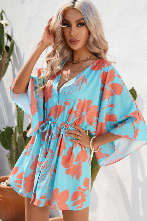 Deep V Neck Button Front Kimono Sleeve Drawstring Botanical Print Mini Dress