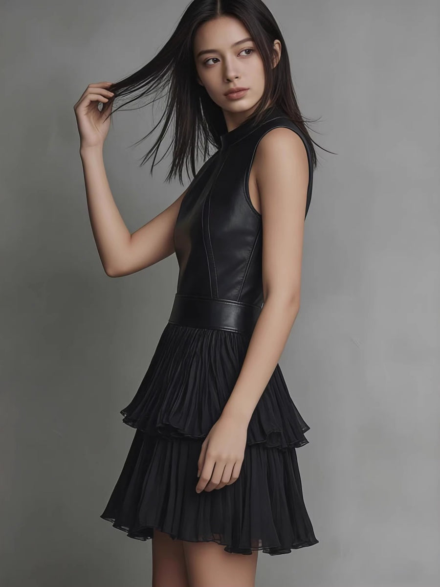 PU Leather Splicing Sleeveless Temperament Commuting Mini&Short Dresses