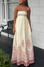 Spaghetti Strap High Waist Floral Print Cotton Linen Maxi Dress