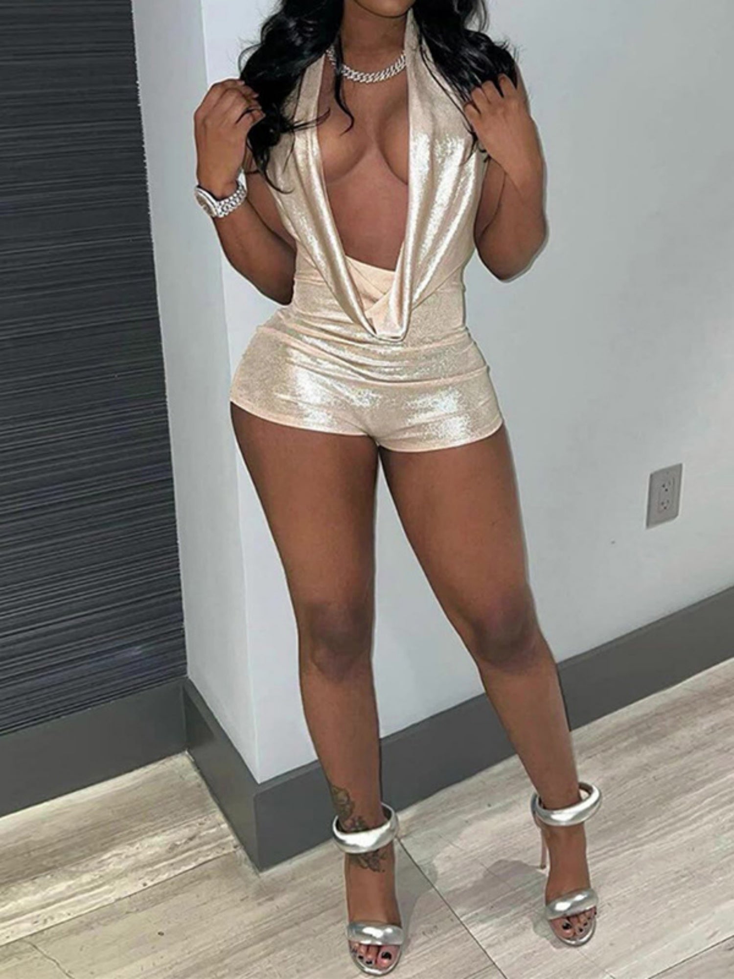 Metallic Gloss Deep V-neck Backless Tight-fitting Jumpsuits