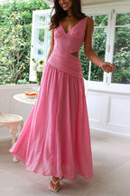 Deep V-Neck Cut Out Waist Sleeveless Wrap Pleated Maxi Dress