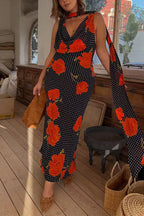 Cowl Neck Backless Floral Print Maxi Dress with Scarf