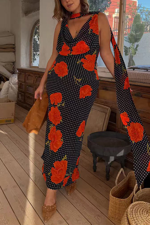 Cowl Neck Backless Floral Print Maxi Dress with Scarf