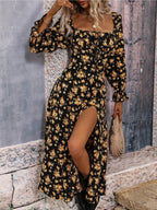 Floral Long Sleeve Square Collar Slit Vacation And Leisure Maxi Dresses