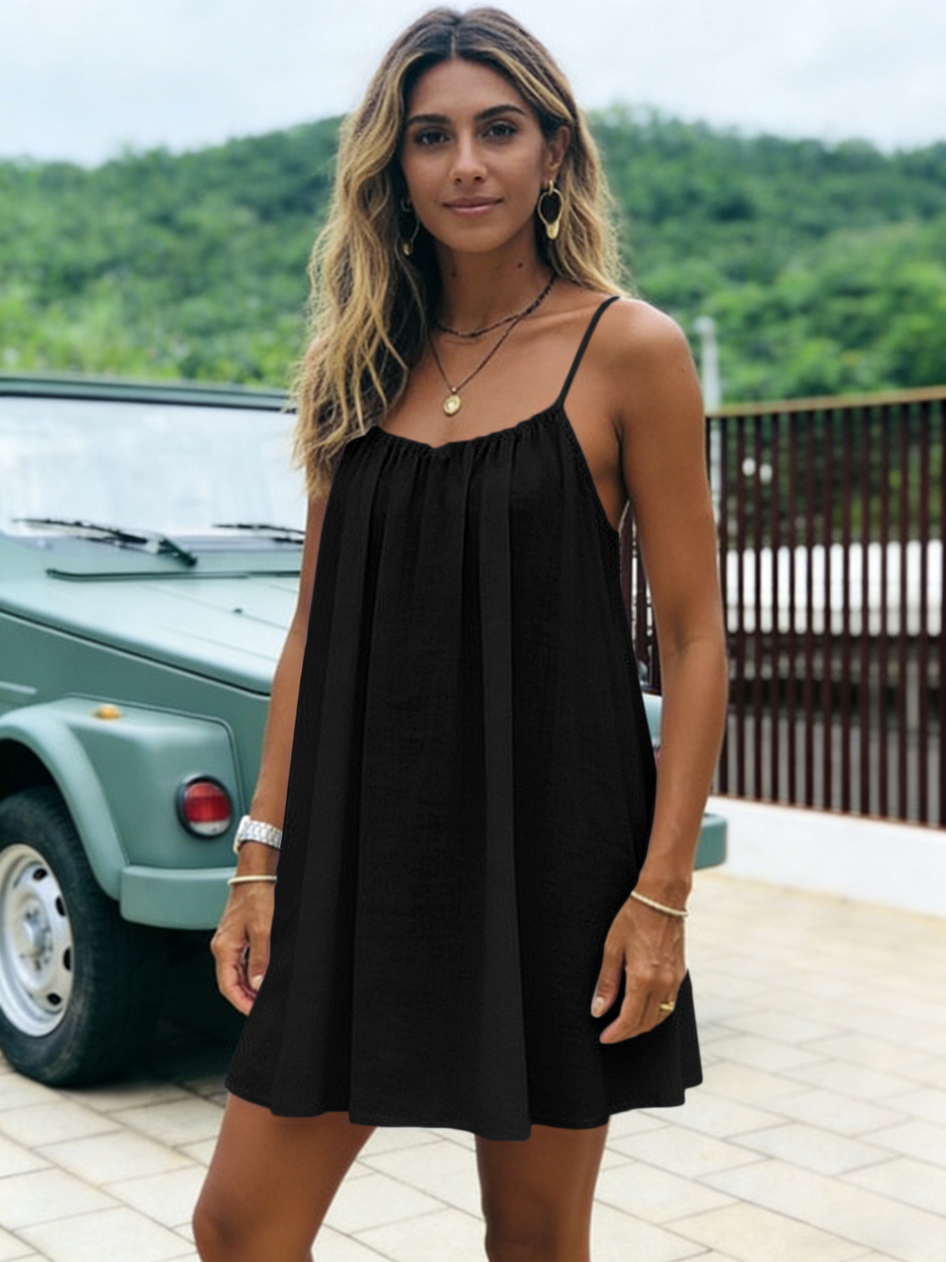Ice Silk Pleated Solid Color Ruched Backless Short Dress