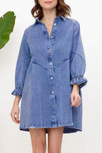 Denim Button Front Chevron Yoke Ruffle Cuff Shirt Mini Dress