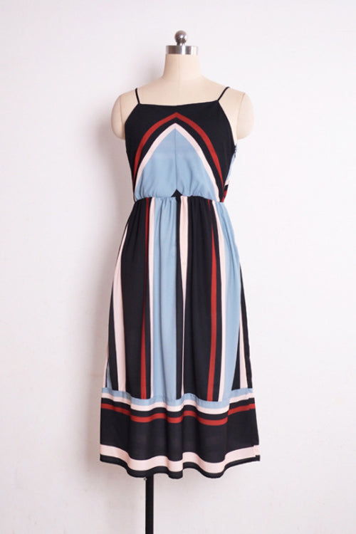 Geometric Chevron Stripe Spaghetti Strap Square Neck A-Line Midi Dress