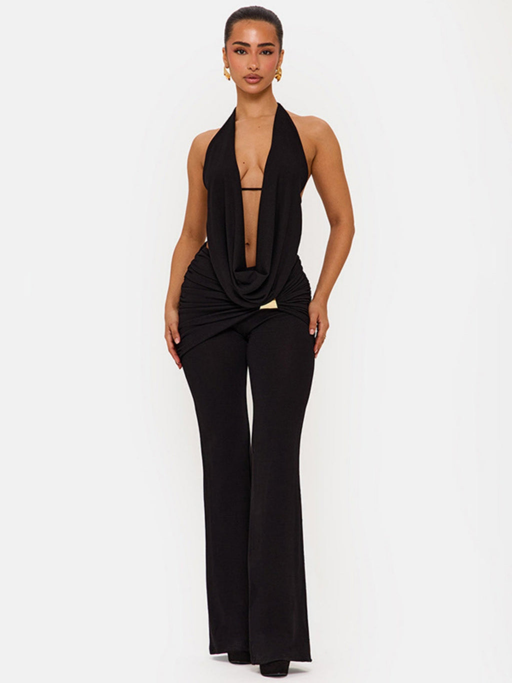 Halter Neck Collar Backless Tie-up Top Metal Buckle Flared Trousers 2-piece Sets
