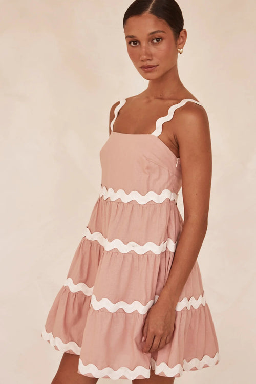 Square Neck Scalloped Ric Rac Trim Tiered Babydoll Mini Dress