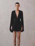 V-neck Flared Sleeves Waist Mini&Short Dresses