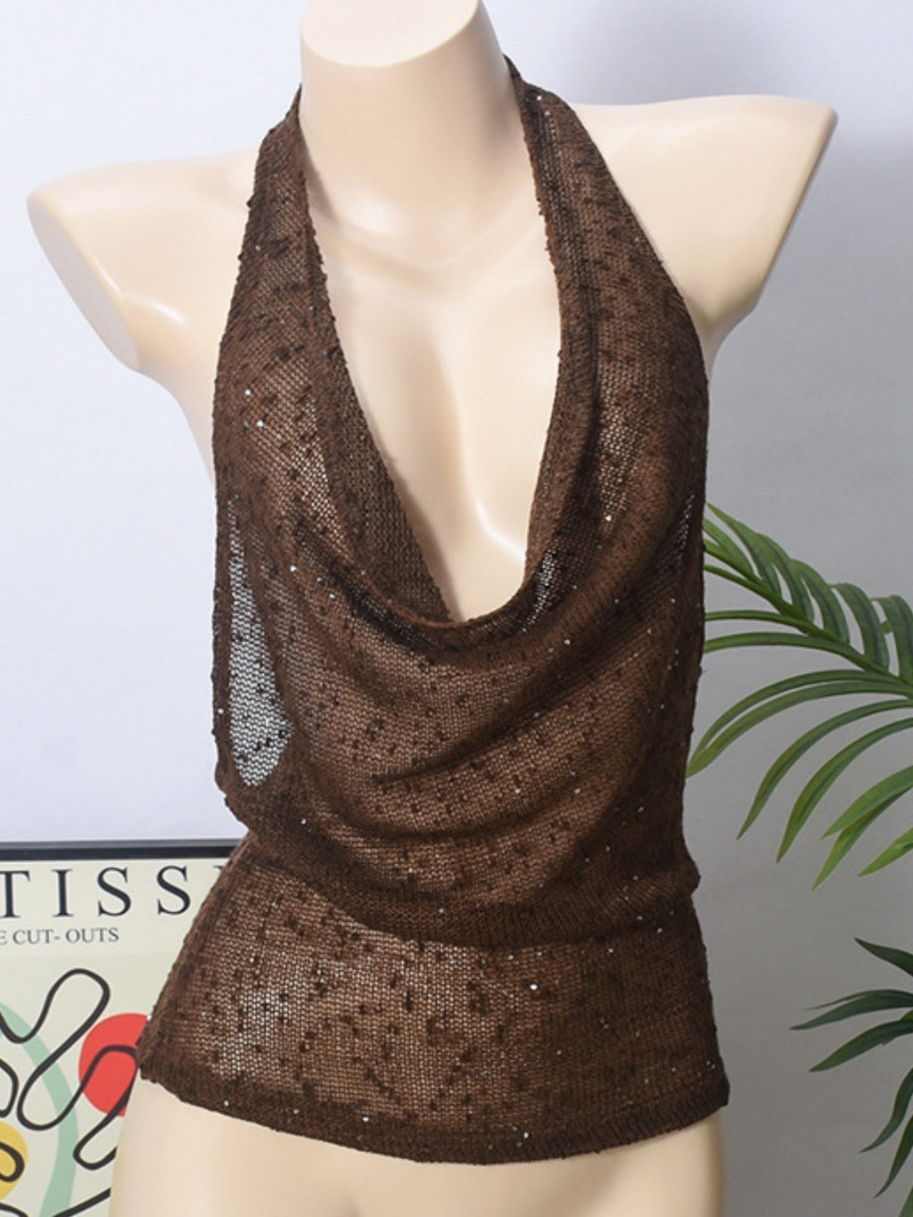 Glitter See-through Sway Neck Backless Tank Tops