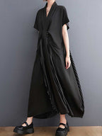 Cotton Short Sleeves Tie Style A-Line Dress