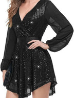 Sequined Chiffon V-neck Temperament Grace Formal Dress Mini&Short Dresses