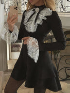 Velvet Black Lace Stitching Waist Mini&Short Dresses