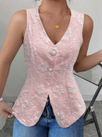 Jacquard Pearl Buttons V-neck Sleeveless Tank Tops&Camis