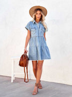 Denim Buttons POLO Collar Short-sleeved Shirt Mini&Short Dresses