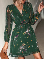 Printed Chiffon V-neck Sheer Long Sleeves Mini&Short Dresses