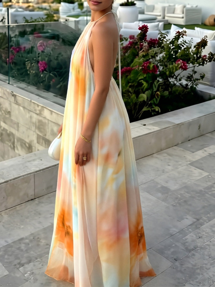 Halter Big Backless Bandage Loose-fit Printed Maxi Dresses