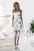 Floral Print Off Shoulder Organza Overlay Fit and Flare Midi Dress