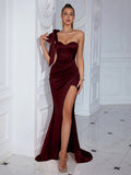Satin Fish Bones Brown Slit Wedding Maxi Dresses